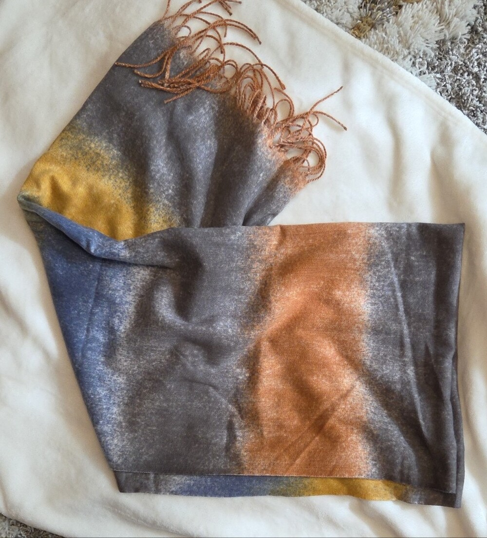 Ombre Fringe Wrap Scarf in Gray with Copper & Blue Accents